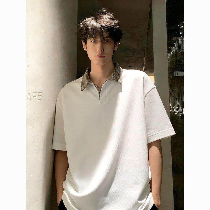 白色千鸟格短袖t恤男设计感小众POLO衫短袖t恤男衬衫领半截袖上衣