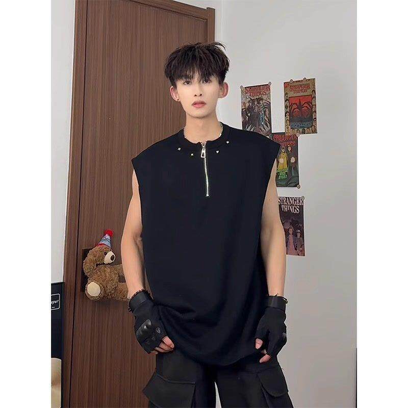 美式半拉链铆钉设计坎肩背心男夏季痞帅高级感慵懒风运动无袖T恤