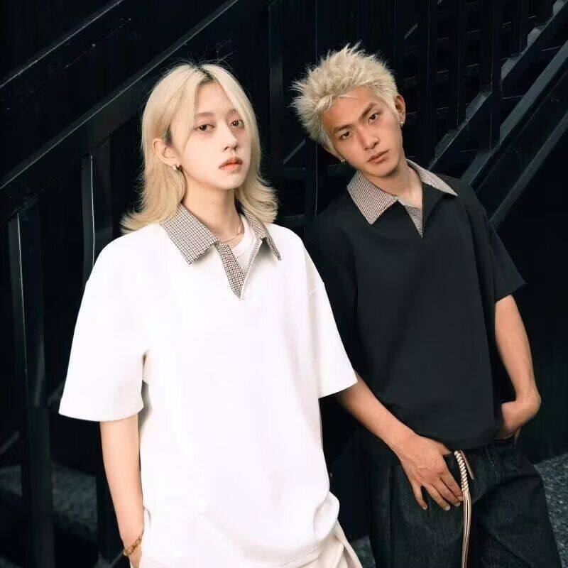 夏季薄款短袖polo衫男生撞色假两件t恤百搭撞色宽松休闲半袖上衣