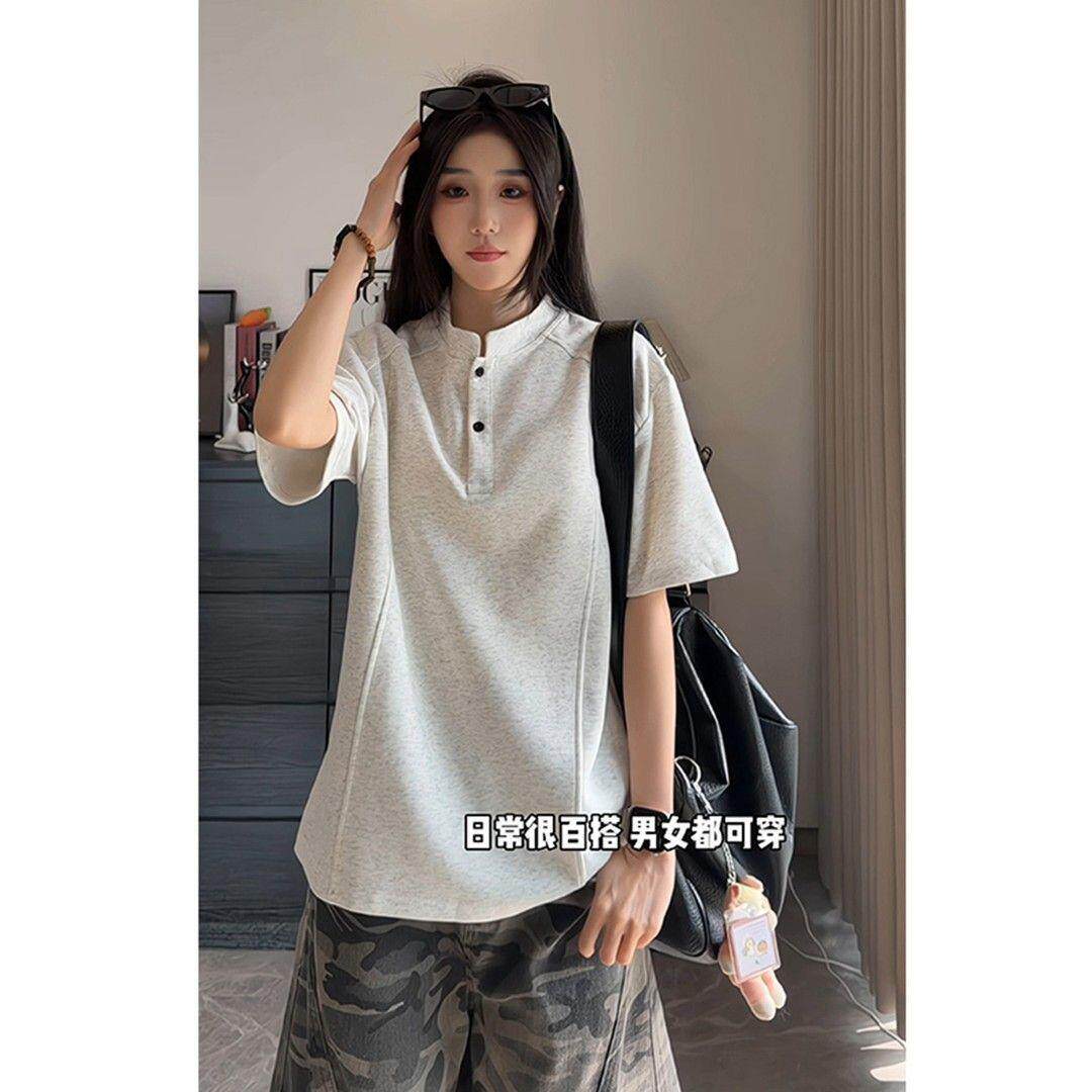 白灰亨利领短袖polo衫男款痞帅高级感美式正肩t恤韩版拼接半截袖