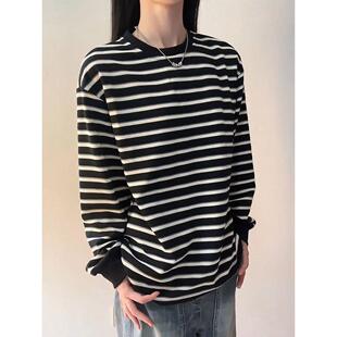 23号街区美式黑白条纹长袖t恤男秋季高级感正肩卫衣潮牌内搭打底