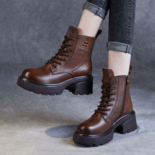 2024秋冬新款真皮复古英伦风马丁靴女厚底粗跟百搭时尚短靴子增高
