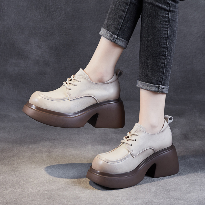 头层牛皮厚底粗跟小皮鞋