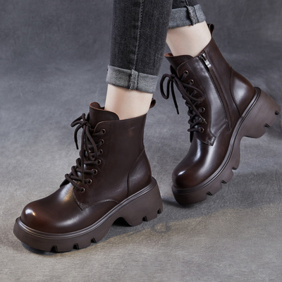 真皮厚底马丁靴复古英伦系带短靴