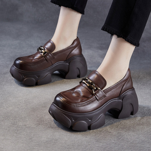 松糕厚底小皮鞋 真皮英伦圆头乐福鞋 小个子增高单鞋 新款 女2025秋季