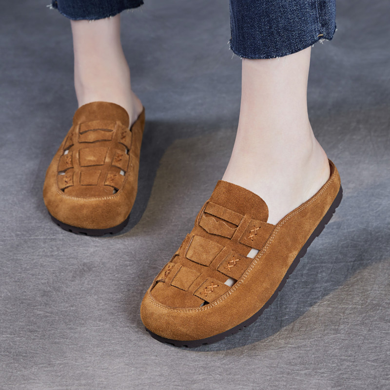 2025夏季新款平底真皮勃肯鞋女罗马凉拖鞋包头透气编织外穿半拖鞋