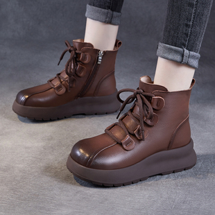 头层牛皮手工马丁靴女秋冬真皮羊毛里大码棉鞋复古松糕厚底短靴子