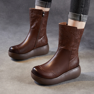 压花真皮松糕厚底中筒棉靴子女加绒马丁靴民族风坡跟增高复古皮靴