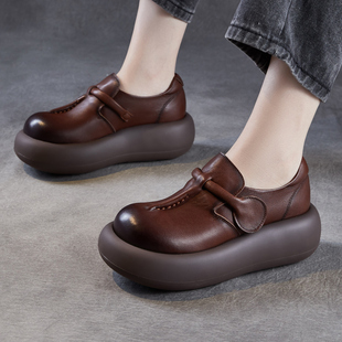 2025春秋款头层牛皮大头皮鞋女真皮增高厚底松糕女鞋轻便复古单鞋