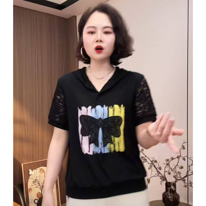 时尚蕾丝拼接连帽短袖T恤女夏季新款宽松印花减龄洋气百搭上衣服