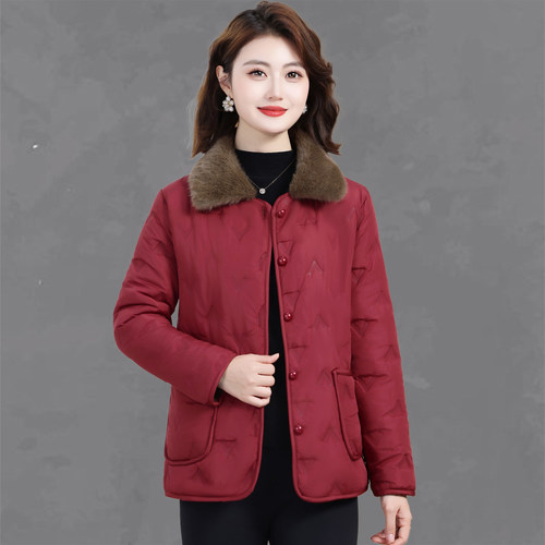 秋冬新款妈妈装毛领棉服女短款加绒保暖棉衣中老年人洋气休闲外套