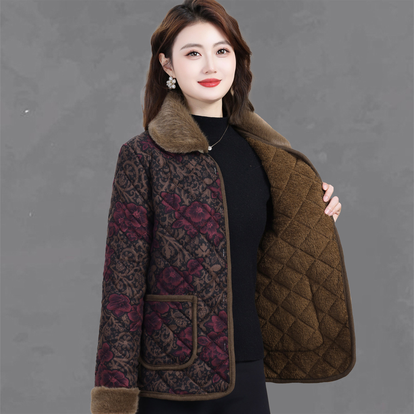 复古毛领棉衣女中老年加绒保暖外棉衣/棉服