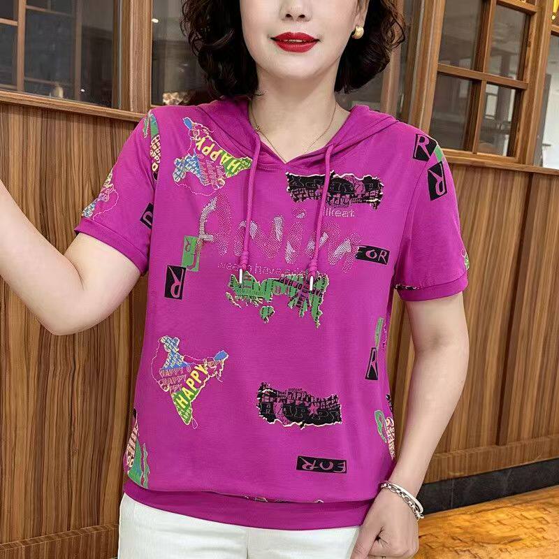 时尚休闲连帽短袖印花T恤女夏装新款宽松显瘦百搭洋气减龄上衣服