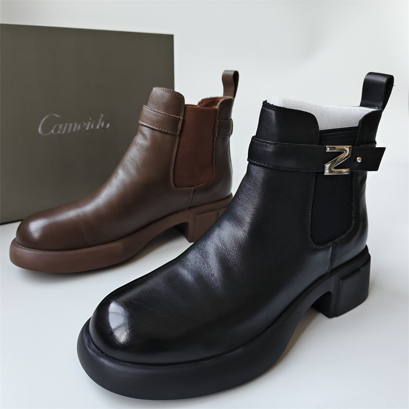 Cameido/卡美多品牌撤柜真皮女鞋时尚圆头粗跟切尔西靴一脚蹬短靴