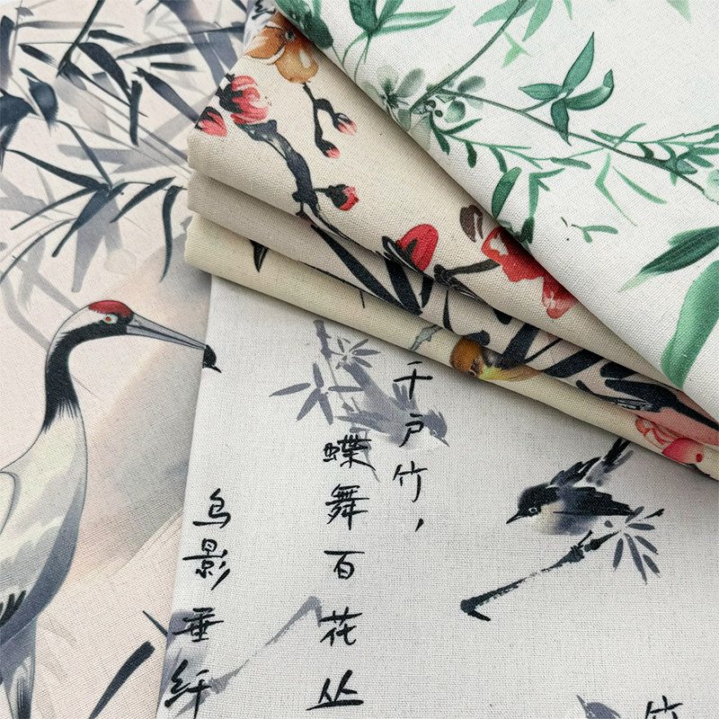 中式花鸟竹林桌布棉麻布艺长方形餐桌布轻奢高级感茶几布加密麻布