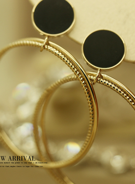 E63黑色亚克力金属圆环耳钉合成水晶坠耳坠耳韩版耳环女针耳坠