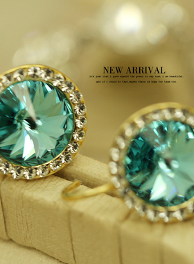 E72时尚水蓝圆形奥地利合成水晶耳夹耳环小众新款礼物配饰潮