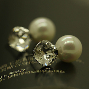 E108优雅奥地利白水晶珍珠韩版复古长款耳钉女针防过敏耳坠吊坠