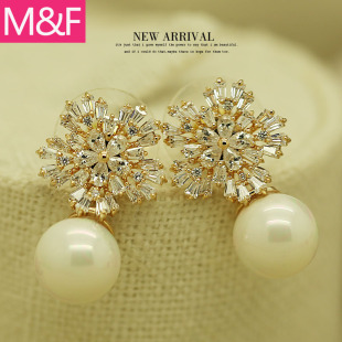 包邮E46水晶雪花珍珠韩版耳钉女韩国水晶耳饰饰品 耳环耳坠女