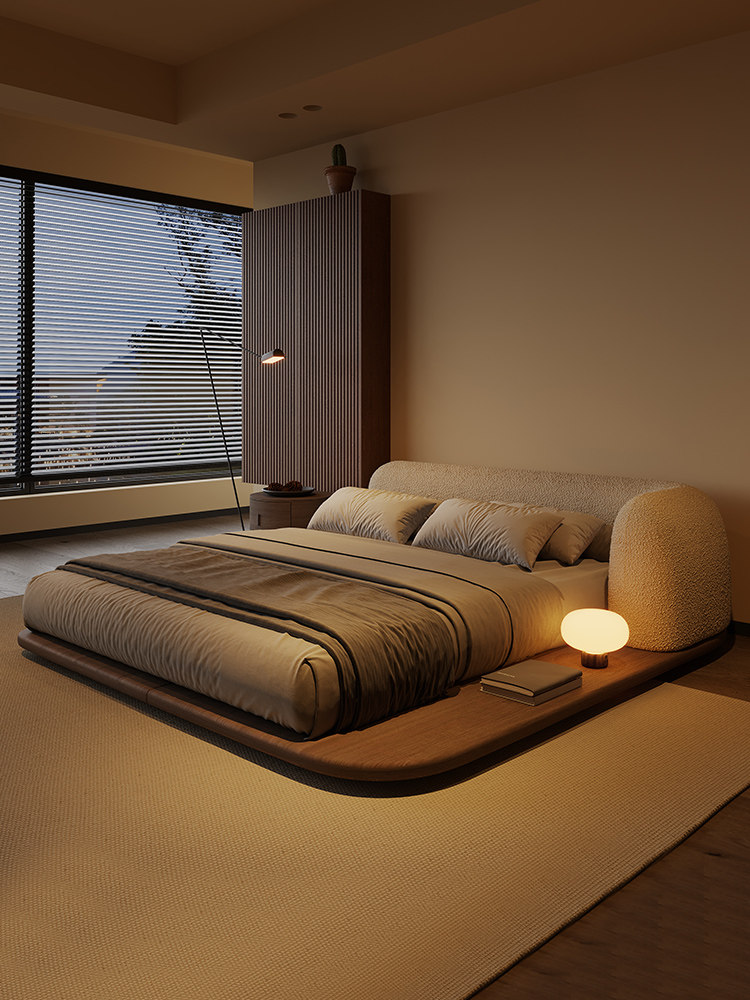 纳威中古风床羊羔绒布艺设计师创意榻榻米地台主卧婚床日式侘寂风