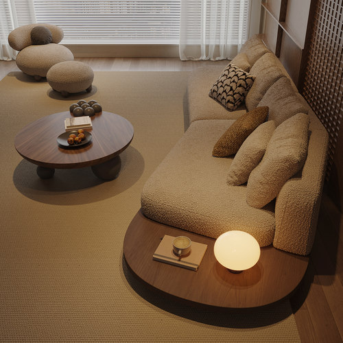 纳威中古风地台沙发异形转角客厅家用羊羔绒布艺现代侘寂风高级感