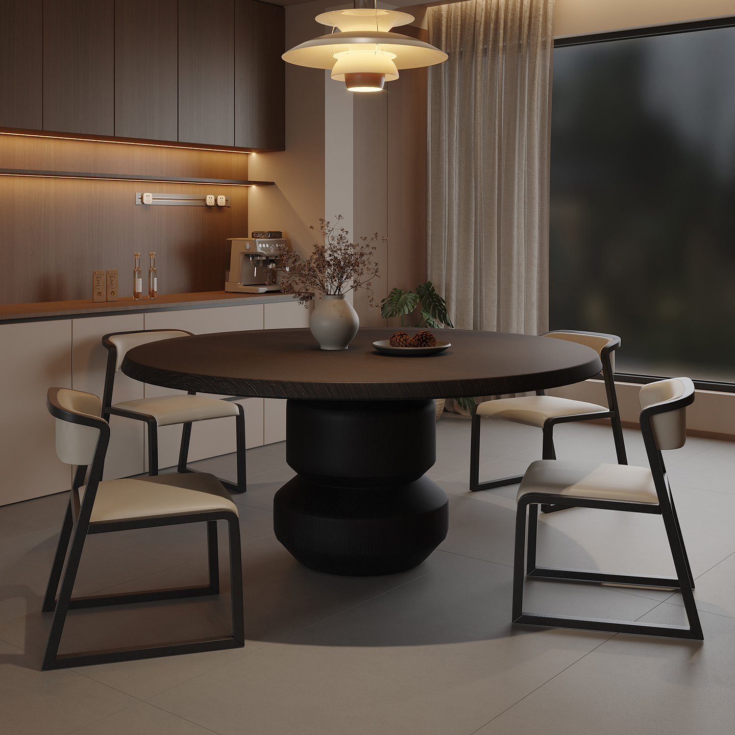 纳威中古风餐桌椅烟熏木色圆形饭桌家用设计师款简约现代2025新款