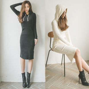 秋冬加绒长款连衣裙连帽卫衣女韩版学生修身显瘦长袖套头开叉长裙