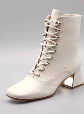 KISSCAT/接吻猫2021冬新款优雅方头粗跟加绒女时装短靴KA21712-11