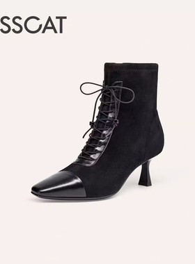 正品接吻猫短靴饰扣方头气质细高跟皮配羊绒面时装靴女KA65713-10