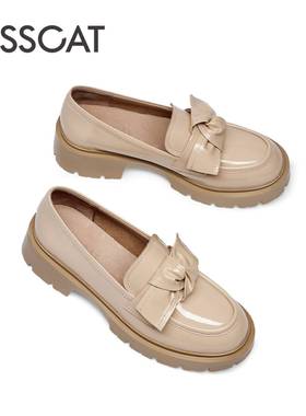 接吻猫2023春季新款小皮鞋文艺蝴蝶结圆头厚底乐福鞋KA43145-53