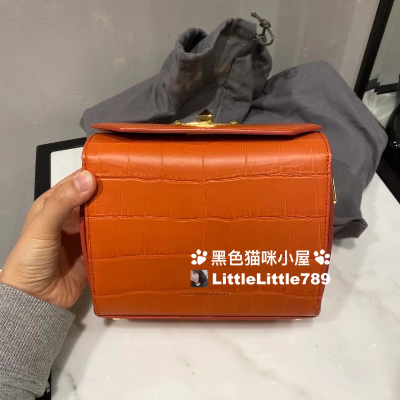 国现AlexanderMcqueen麦昆经典box19cm鳄鱼纹桔色盒子包双链条包