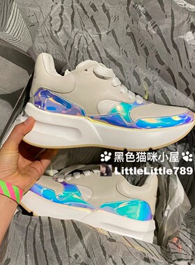 【国现清仓】McQueen麦昆女款镭射拼石灰色系带跑鞋 39码