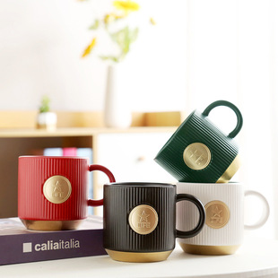 北欧ins陶瓷咖啡杯条纹铜章杯牛奶杯竖纹马克杯logo定 制水杯