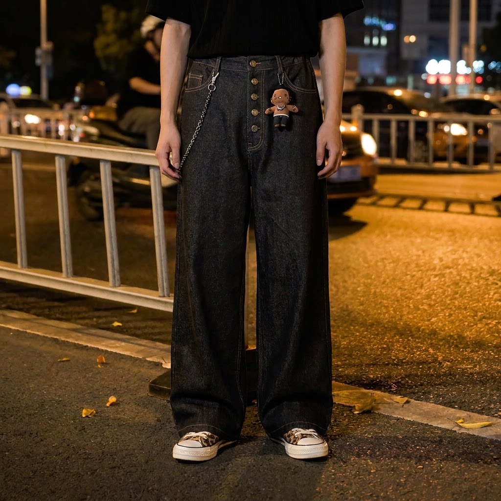 豹纹复古ins直筒宽松休闲长裤微喇大码慵懒小众设计感工装牛仔裤