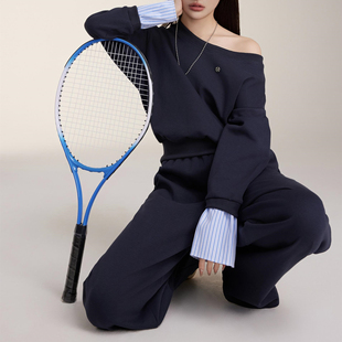 OTEBANBASS2024秋冬衬衫袖拼接卫衣套装女露肩显瘦阔腿裤宽松