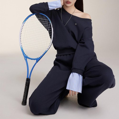 OTEBANBASS2024秋冬衬衫袖拼接卫衣套装女露肩显瘦阔腿裤宽松