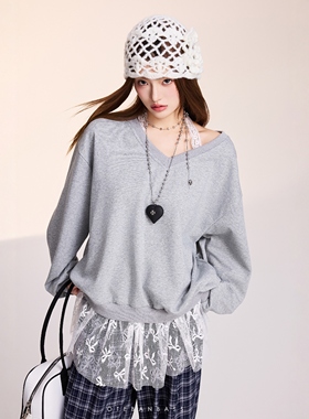 OTEBANBASS 25SS假两件蕾丝挂脖卫衣女V领套头灰色宽松时尚上衣
