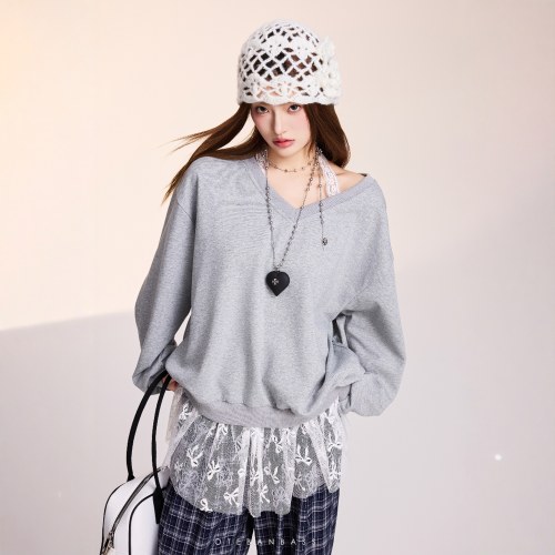 OTEBANBASS 25SS假两件蕾丝挂脖卫衣女V领套头灰色宽松时尚上衣