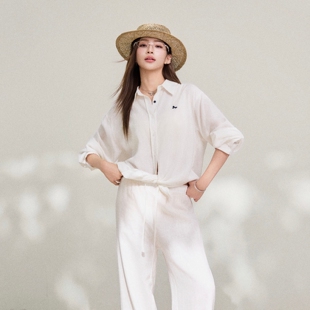 OTEBANBASSBF老钱风莱赛尔防晒衬衫女长袖宽松翻领棉麻白色上衣