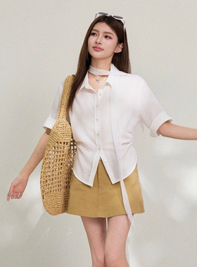OTEBANBASS 26SS蕾丝飘带收腰衬衫女休闲翻领莱赛尔短袖白色上衣