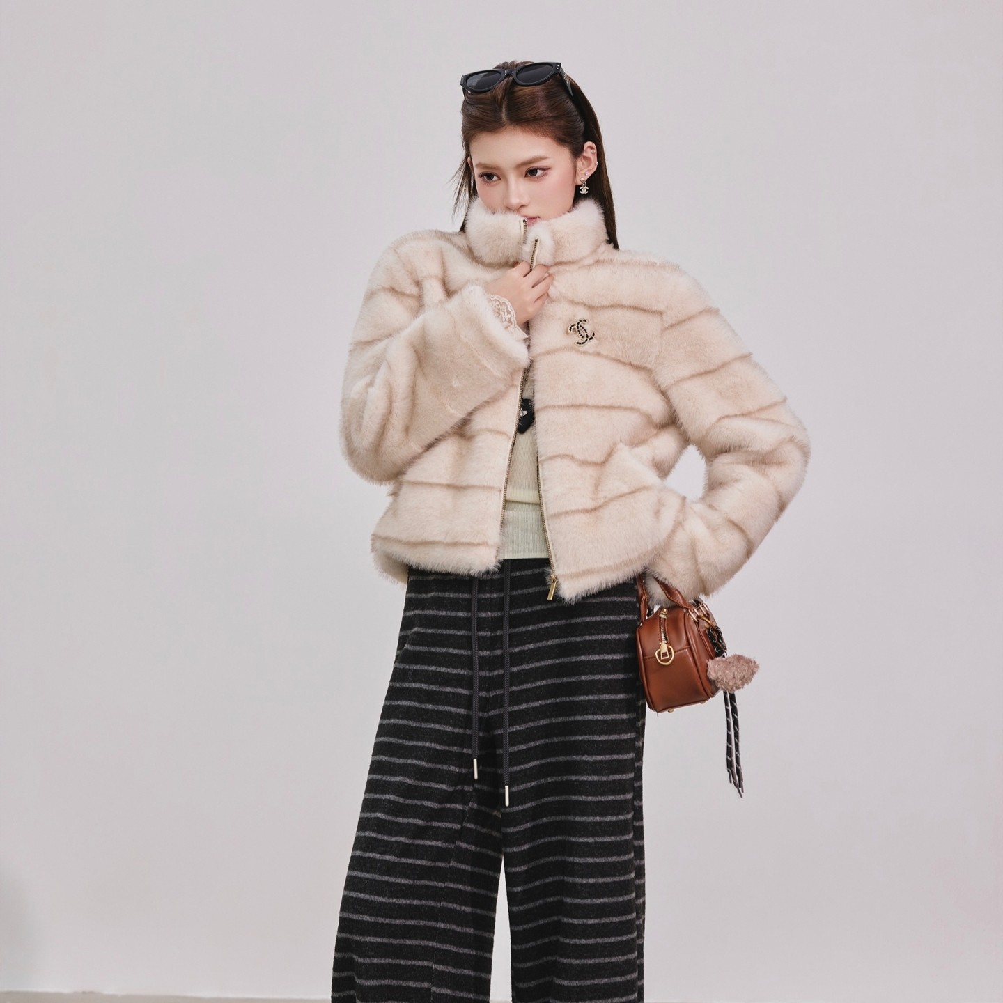 OTEBANBASS25SS中古千金皮毛一体外套女秋冬立领仿皮草毛绒上衣