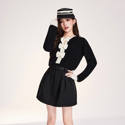 OTEBANBASS 25SS法式圆领复古蝴蝶结撞色镂空毛衣女小香风针织衫