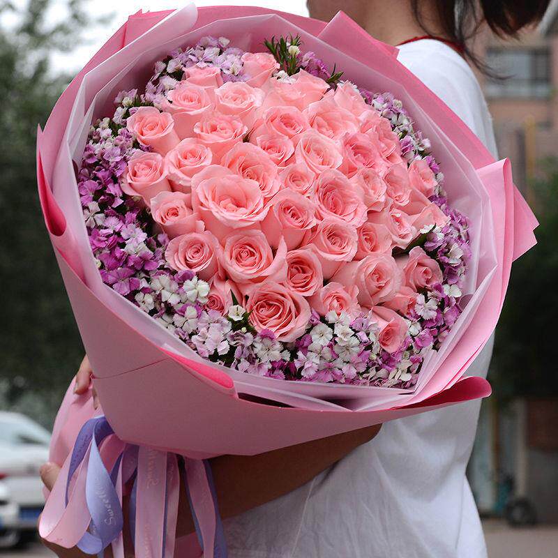 33朵粉玫瑰花束真花鲜花速递同城