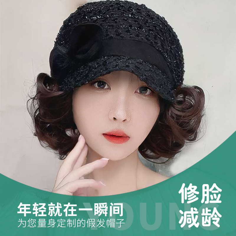 遮白发假发一体时尚女士款蕾丝帽子妈妈光头化疗后气质夏天假发帽