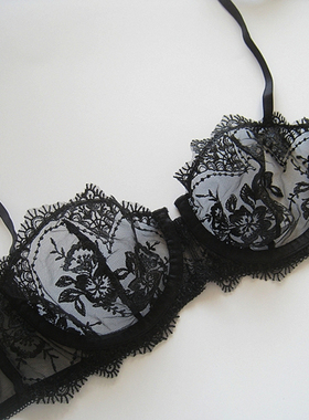 欧美单SS黑色透明网纱重工精美刺绣有钢圈薄款半杯文胸707580C65E