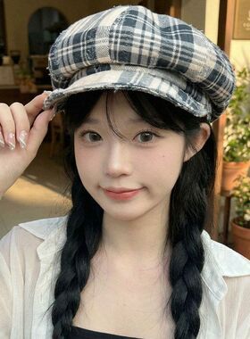 时尚新款日系黑白格子春夏款八角帽复古百搭显脸小鸭舌贝雷帽帽子