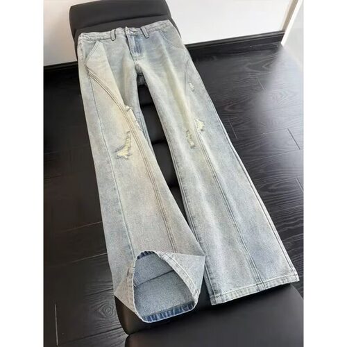 美式斜切微喇牛仔裤男款秋冬季高街复古蓝加绒裤子cleanfit直筒裤