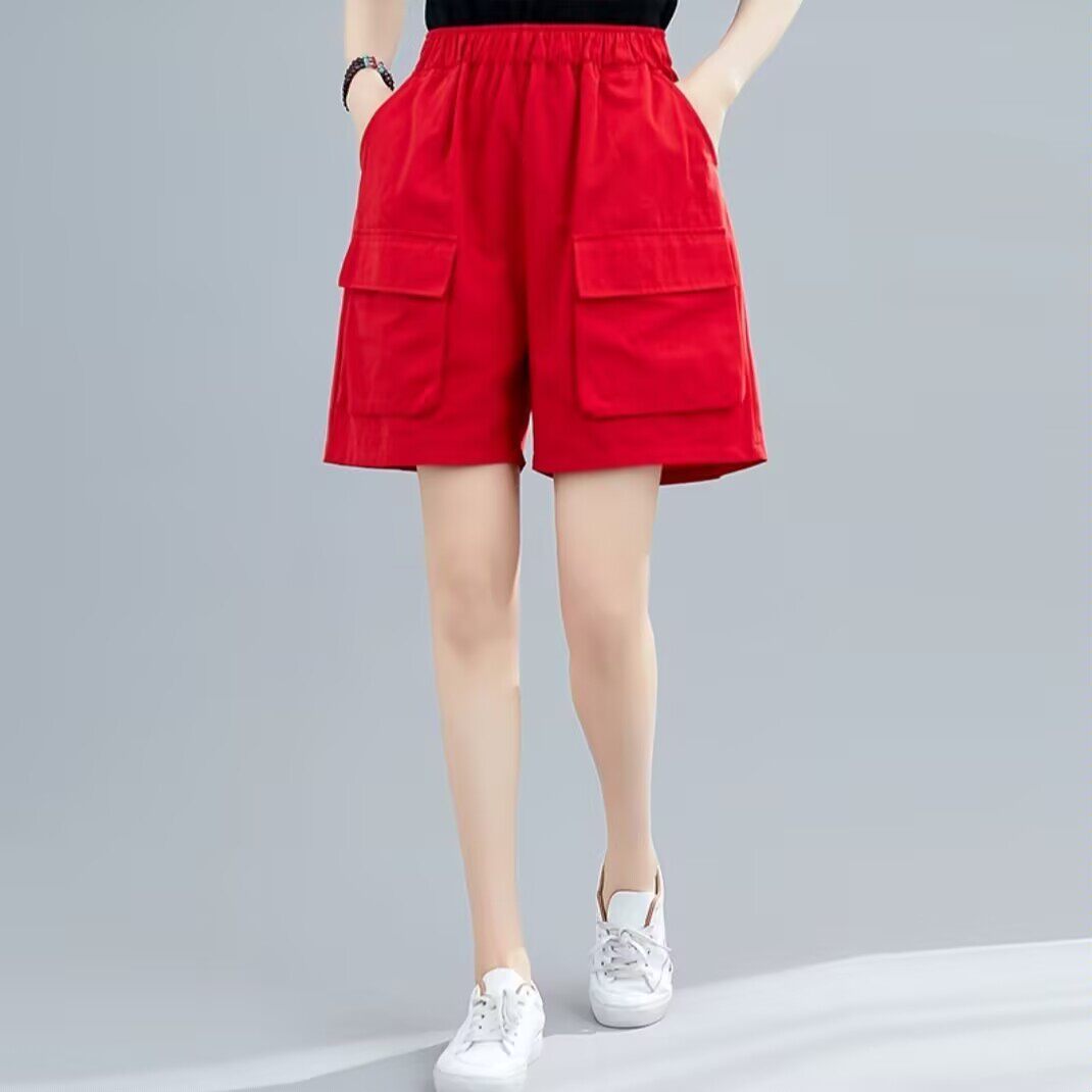 纯棉休闲短裤女大码胖mm文艺范纯色松紧腰阔腿工装短裤夏装新款潮