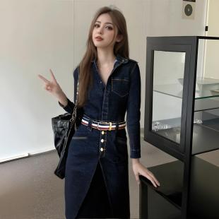 2024女春装新长袖牛仔连衣裙韩版修身包裙铅笔长裙前开叉腰带洋气