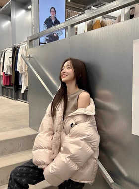 2025新款浅粉色羽绒服女冬学生韩版RR刺绣立领加厚男女情侣面包服